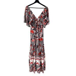 Anthropologie Brown Red White Print Tiered Short Sleeve Tiered Maxi Dress Medium
